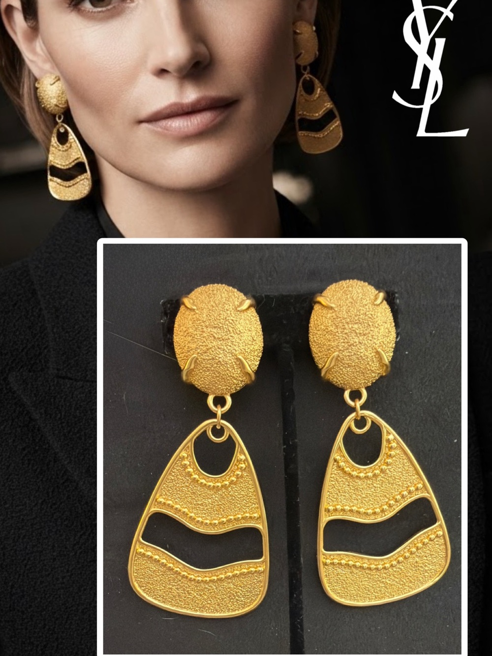 Yves Saint Laurent Bold Gold Sculpted Drop Earrings✨SIGNED✨CLIP-ON